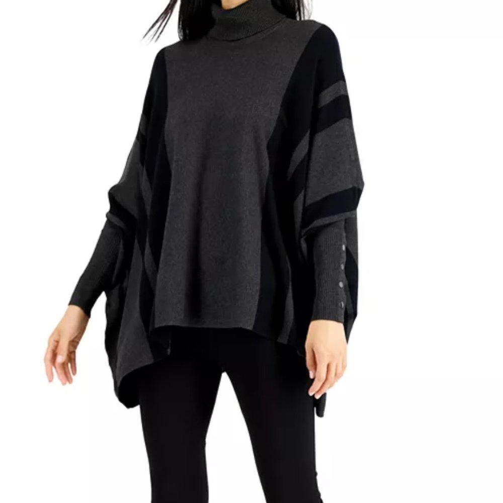 ALFANI | Striped Turtleneck Poncho Sweater